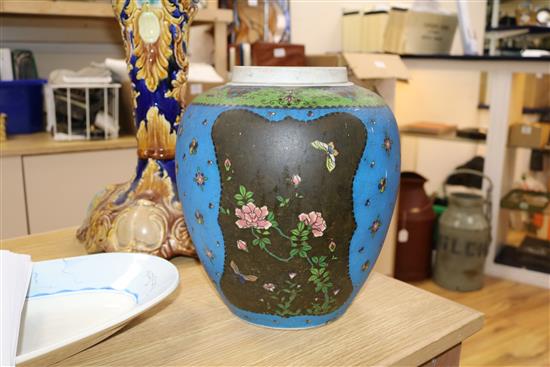 A jardiniere and stand and a ceramic cloisonne jar jardiniere overall 82cm